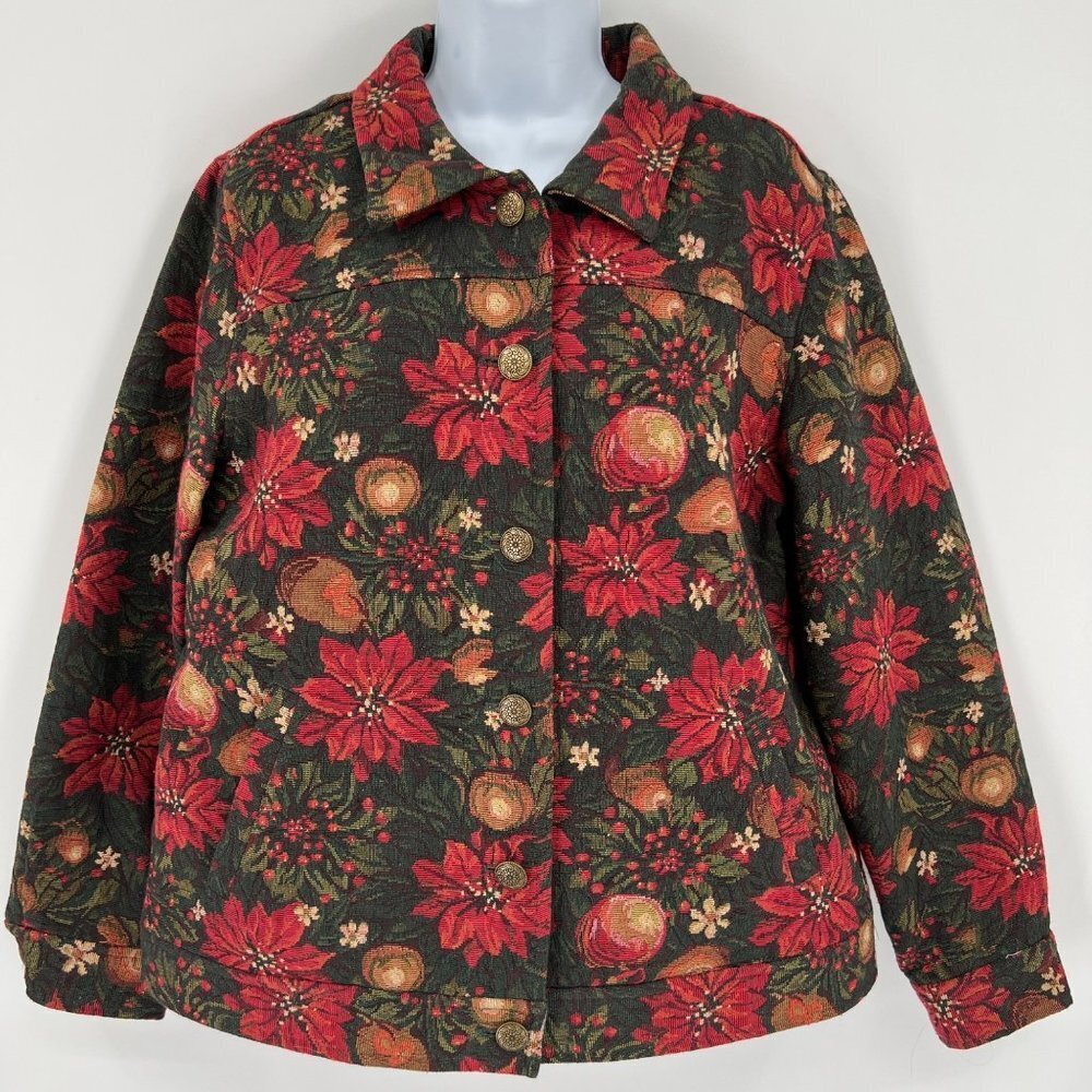 Vintage Tapestry Trucker Jacket Poinsettia Christmas Holiday Size PL Grandmacore - Picture 1 of 8